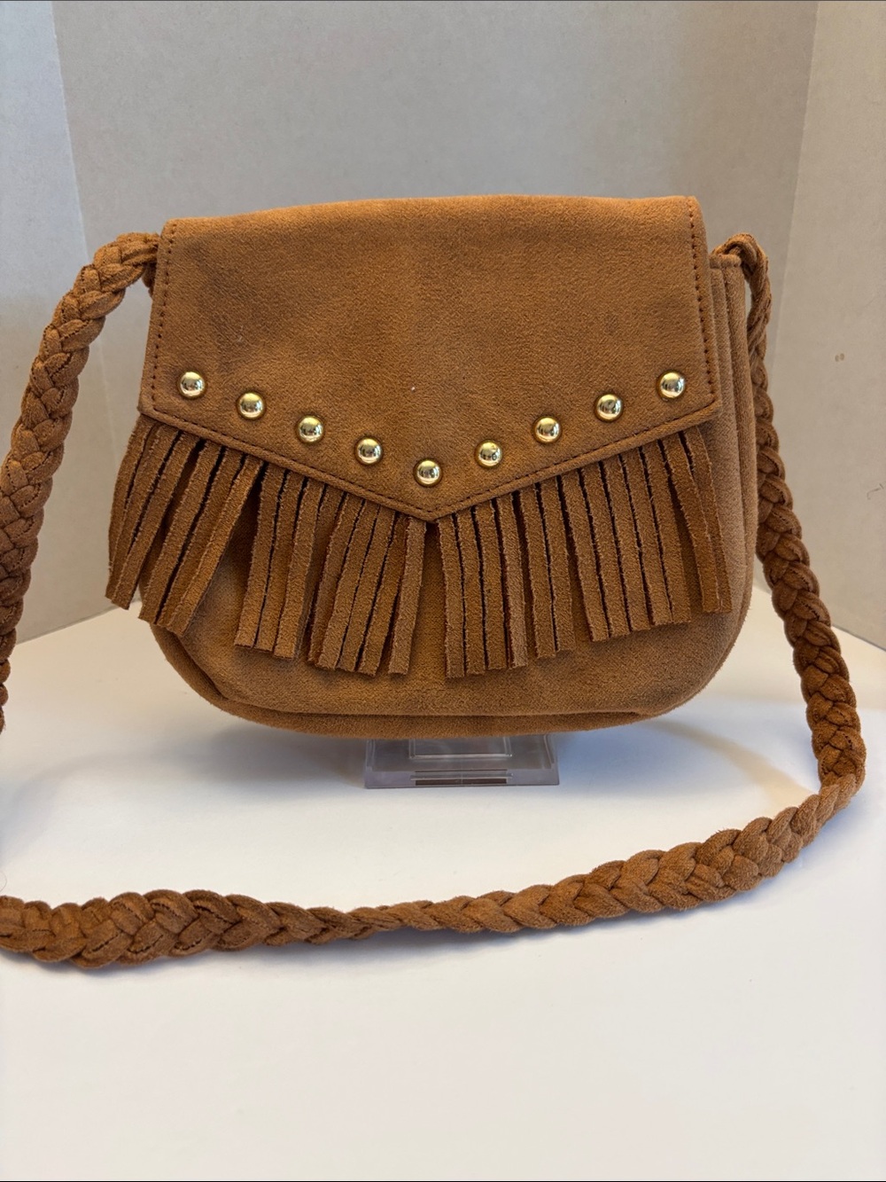 Faux Suede Fringe Mini Crossbody Bag NWOT 6” x 7” x 2” Deep